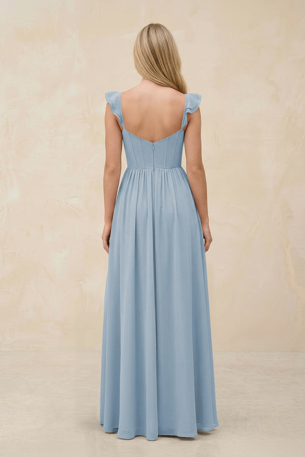 Ruffled Sleeve A - Line Corset Chiffon Bridesmaid Dress in Dusty Blue - KissProm Bridesmaid Dresses