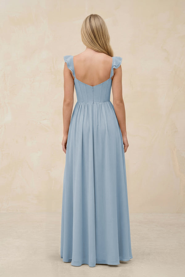 Ruffled Sleeve A - Line Corset Chiffon Bridesmaid Dress in Dusty Blue - KissProm Bridesmaid Dresses