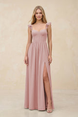 Ruffled Sleeve A - Line Corset Chiffon Bridesmaid Dress in Dusty Rose - KissProm Bridesmaid Dresses