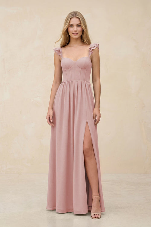 Ruffled Sleeve A - Line Corset Chiffon Bridesmaid Dress in Dusty Rose - KissProm Bridesmaid Dresses