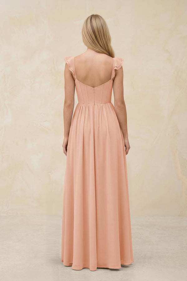 Ruffled Sleeve A - Line Corset Chiffon Bridesmaid Dress in English Rose - KissProm Bridesmaid Dresses