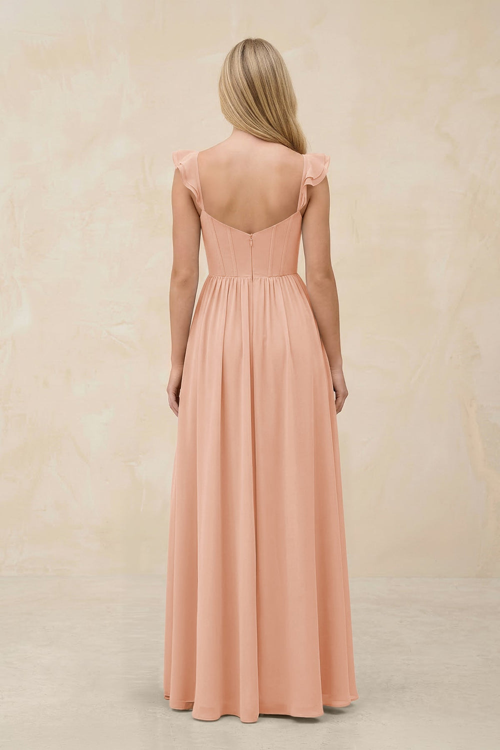 Ruffled Sleeve A - Line Corset Chiffon Bridesmaid Dress in English Rose - KissProm Bridesmaid Dresses