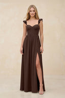 Ruffled Sleeve A - Line Corset Chiffon Bridesmaid Dress in Espresso - KissProm Bridesmaid Dresses