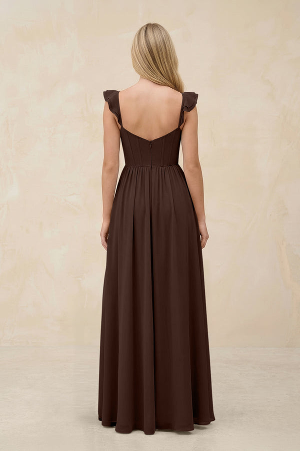 Ruffled Sleeve A - Line Corset Chiffon Bridesmaid Dress in Espresso - KissProm Bridesmaid Dresses
