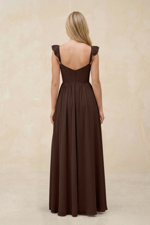 Ruffled Sleeve A - Line Corset Chiffon Bridesmaid Dress in Espresso - KissProm Bridesmaid Dresses