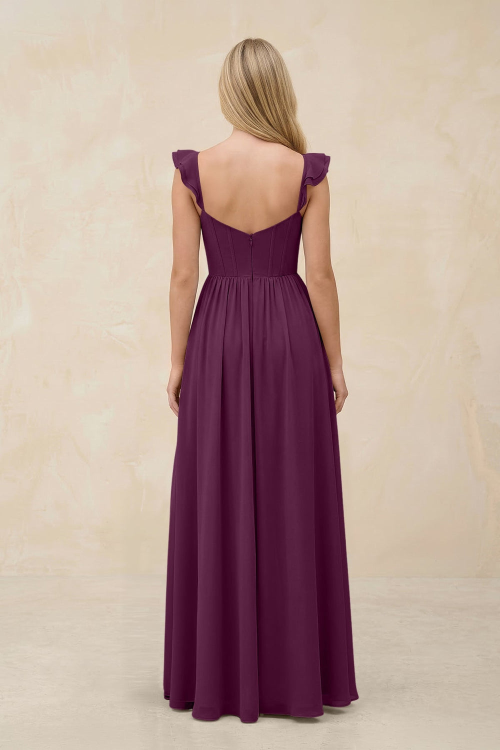 Ruffled Sleeve A - Line Corset Chiffon Bridesmaid Dress in Fig - KissProm Bridesmaid Dresses