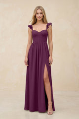 Ruffled Sleeve A - Line Corset Chiffon Bridesmaid Dress in Fig - KissProm Bridesmaid Dresses