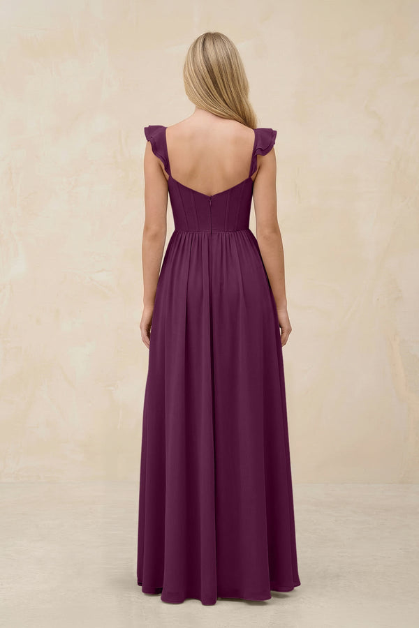 Ruffled Sleeve A - Line Corset Chiffon Bridesmaid Dress in Fig - KissProm Bridesmaid Dresses