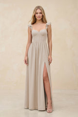 Ruffled Sleeve A - Line Corset Chiffon Bridesmaid Dress in Frost - KissProm Bridesmaid Dresses