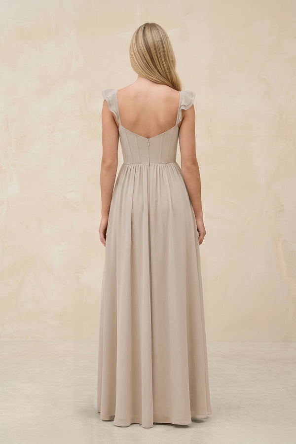 Ruffled Sleeve A - Line Corset Chiffon Bridesmaid Dress in Frost - KissProm Bridesmaid Dresses
