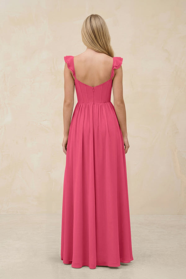 Ruffled Sleeve A - Line Corset Chiffon Bridesmaid Dress in Fuchsia - KissProm Bridesmaid Dresses