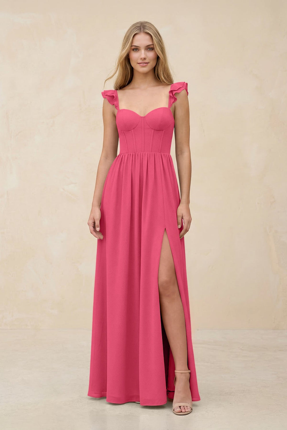 Ruffled Sleeve A - Line Corset Chiffon Bridesmaid Dress in Fuchsia - KissProm Bridesmaid Dresses