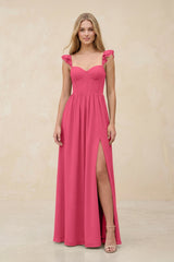 Ruffled Sleeve A - Line Corset Chiffon Bridesmaid Dress in Fuchsia - KissProm Bridesmaid Dresses