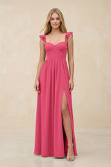 Ruffled Sleeve A - Line Corset Chiffon Bridesmaid Dress in Fuchsia - KissProm Bridesmaid Dresses