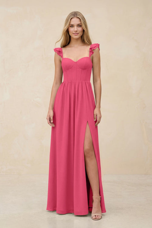 Ruffled Sleeve A - Line Corset Chiffon Bridesmaid Dress in Fuchsia - KissProm Bridesmaid Dresses