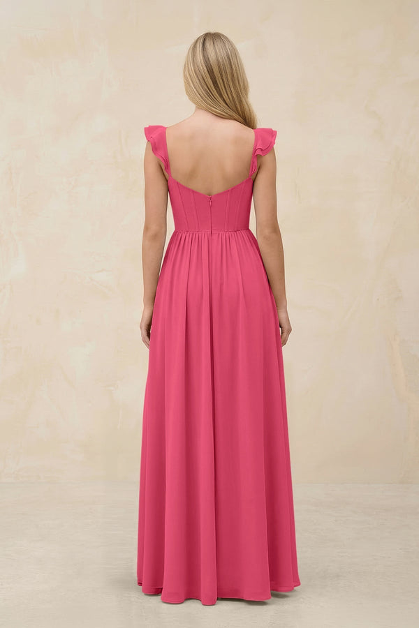 Ruffled Sleeve A - Line Corset Chiffon Bridesmaid Dress in Fuchsia - KissProm Bridesmaid Dresses
