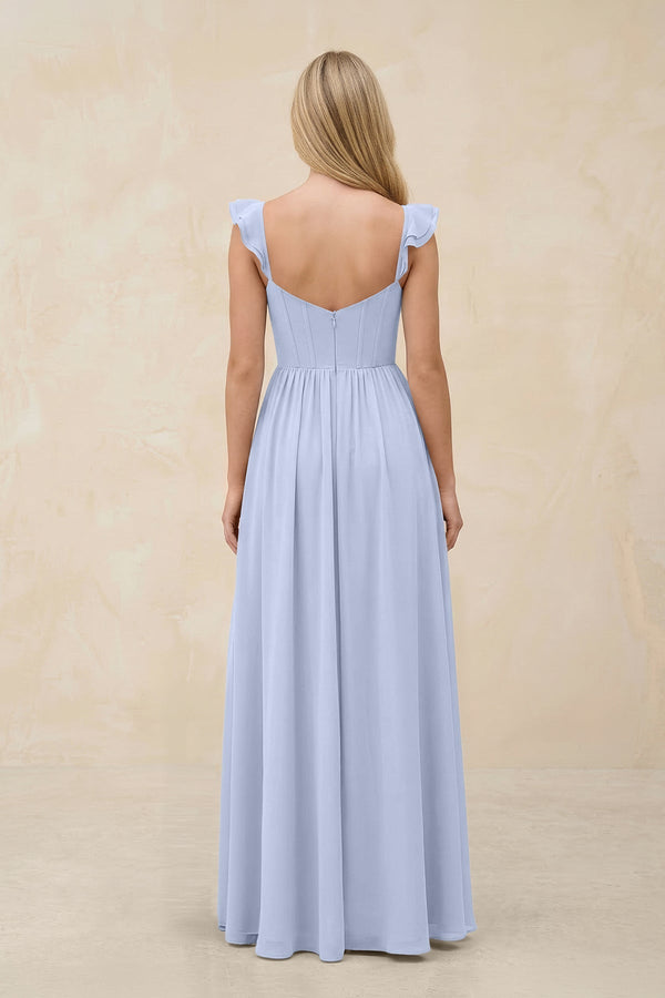 Ruffled Sleeve A - Line Corset Chiffon Bridesmaid Dress in Ice - KissProm Bridesmaid Dresses