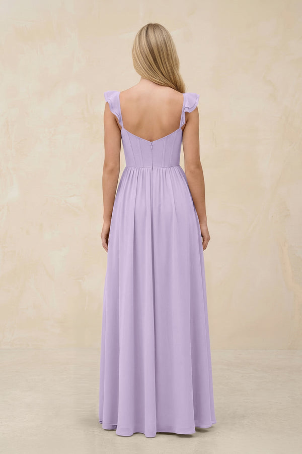 Ruffled Sleeve A - Line Corset Chiffon Bridesmaid Dress in Lavender - KissProm Bridesmaid Dresses