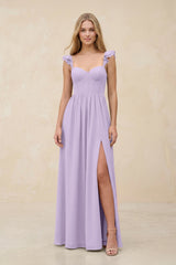 Ruffled Sleeve A - Line Corset Chiffon Bridesmaid Dress in Lavender - KissProm Bridesmaid Dresses