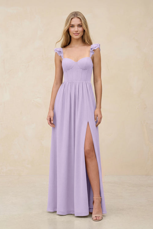 Ruffled Sleeve A - Line Corset Chiffon Bridesmaid Dress in Lavender - KissProm Bridesmaid Dresses