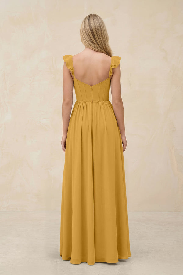 Ruffled Sleeve A - Line Corset Chiffon Bridesmaid Dress in Marigold - KissProm Bridesmaid Dresses