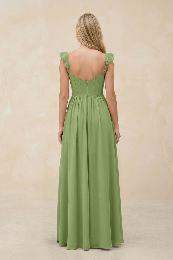 Ruffled Sleeve A - Line Corset Chiffon Bridesmaid Dress in Matcha - KissProm Bridesmaid Dresses