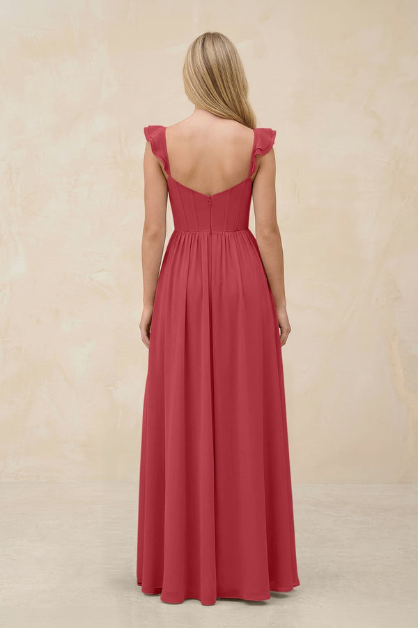Ruffled Sleeve A - Line Corset Chiffon Bridesmaid Dress in Merlot - KissProm Bridesmaid Dresses