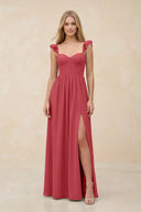 Ruffled Sleeve A - Line Corset Chiffon Bridesmaid Dress in Merlot - KissProm Bridesmaid Dresses
