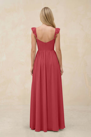 Ruffled Sleeve A - Line Corset Chiffon Bridesmaid Dress in Merlot - KissProm Bridesmaid Dresses