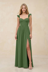 Ruffled Sleeve A - Line Corset Chiffon Bridesmaid Dress in Moss - KissProm Bridesmaid Dresses