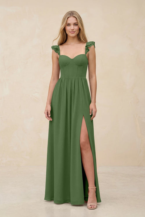 Ruffled Sleeve A - Line Corset Chiffon Bridesmaid Dress in Moss - KissProm Bridesmaid Dresses