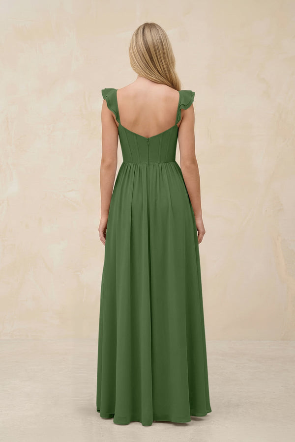 Ruffled Sleeve A - Line Corset Chiffon Bridesmaid Dress in Moss - KissProm Bridesmaid Dresses
