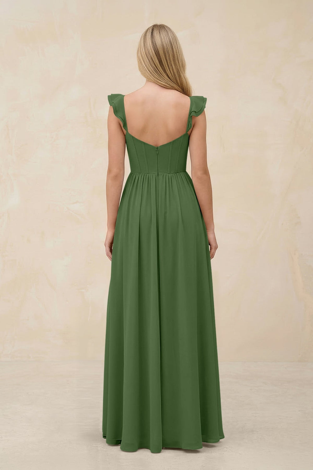 Ruffled Sleeve A - Line Corset Chiffon Bridesmaid Dress in Moss - KissProm Bridesmaid Dresses