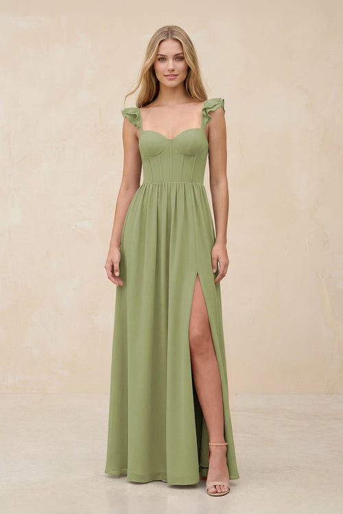 Ruffled Sleeve A - Line Corset Chiffon Bridesmaid Dress in Moss Green - KissProm Bridesmaid Dresses