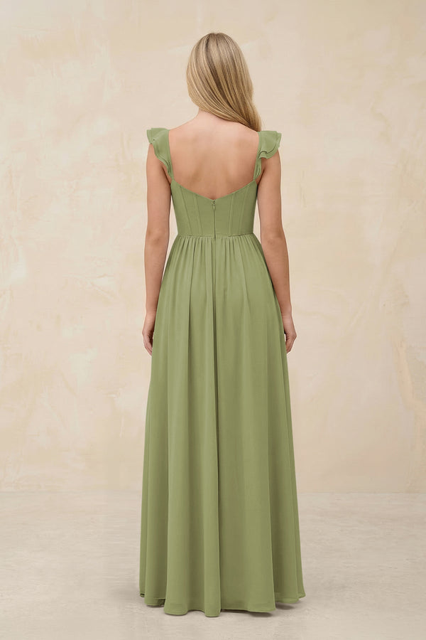 Ruffled Sleeve A - Line Corset Chiffon Bridesmaid Dress in Moss Green - KissProm Bridesmaid Dresses