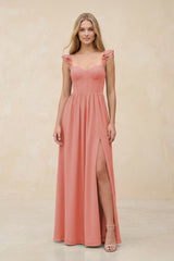 Ruffled Sleeve A - Line Corset Chiffon Bridesmaid Dress in Mulberry - KissProm Bridesmaid Dresses