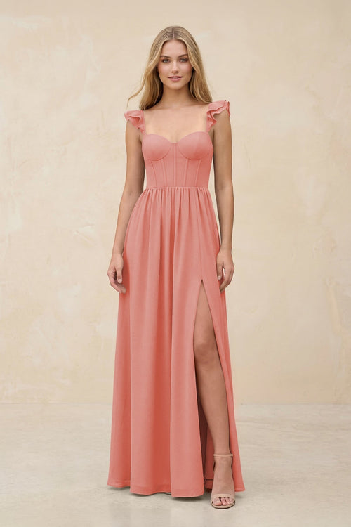 Ruffled Sleeve A - Line Corset Chiffon Bridesmaid Dress in Mulberry - KissProm Bridesmaid Dresses