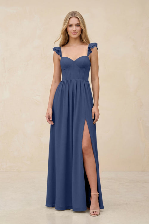 Ruffled Sleeve A - Line Corset Chiffon Bridesmaid Dress in Navy - KissProm Bridesmaid Dresses