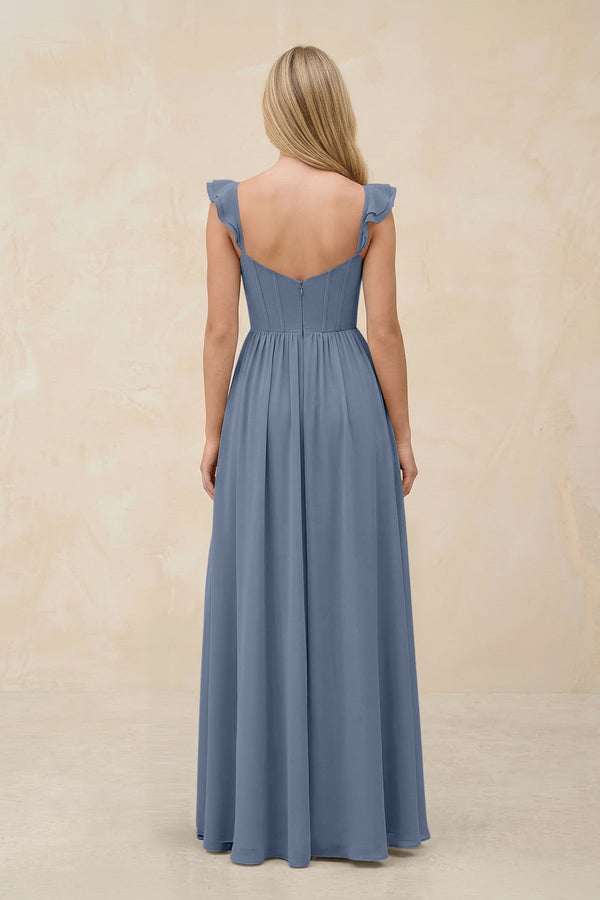 Ruffled Sleeve A - Line Corset Chiffon Bridesmaid Dress in Neptune - KissProm Bridesmaid Dresses
