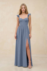 Ruffled Sleeve A - Line Corset Chiffon Bridesmaid Dress in Neptune - KissProm Bridesmaid Dresses