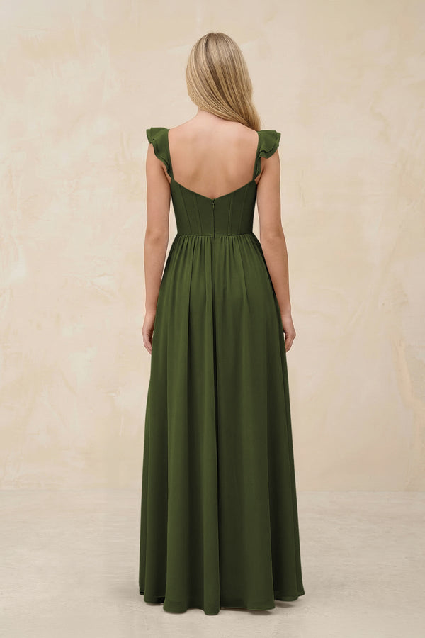 Ruffled Sleeve A - Line Corset Chiffon Bridesmaid Dress in Olive - KissProm Bridesmaid Dresses