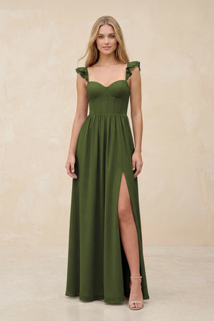 Ruffled Sleeve A - Line Corset Chiffon Bridesmaid Dress in Olive - KissProm Bridesmaid Dresses