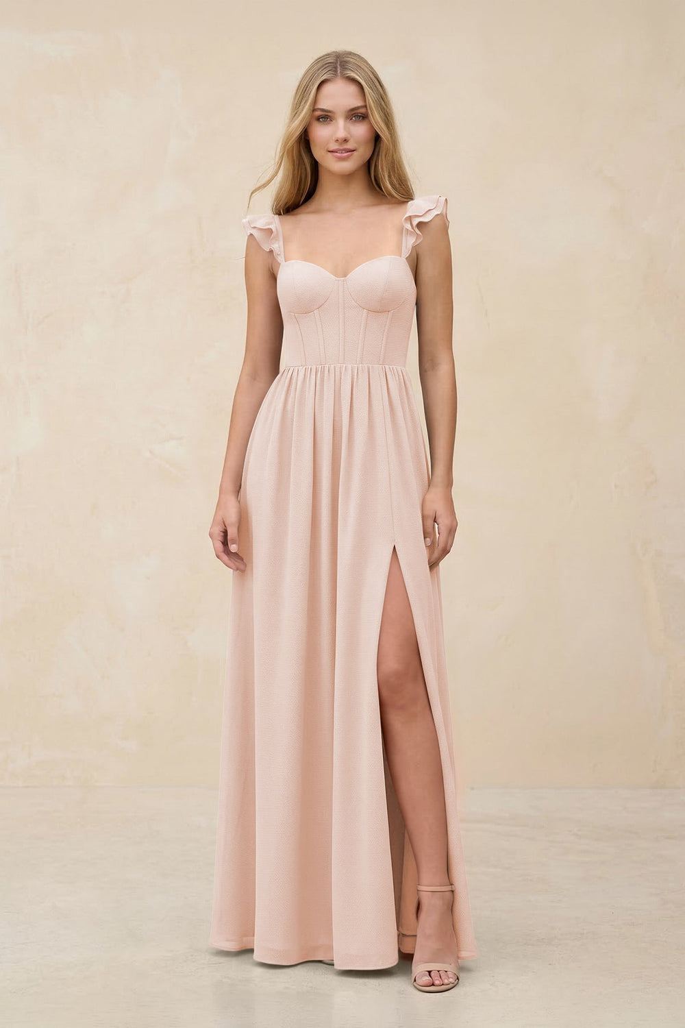 Ruffled Sleeve A - Line Corset Chiffon Bridesmaid Dress in Pale Blush - KissProm Bridesmaid Dresses