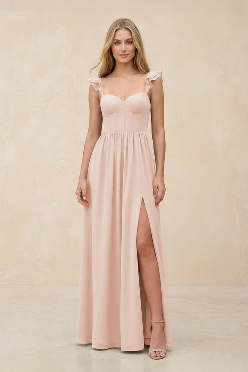 Ruffled Sleeve A - Line Corset Chiffon Bridesmaid Dress in Pale Blush - KissProm Bridesmaid Dresses