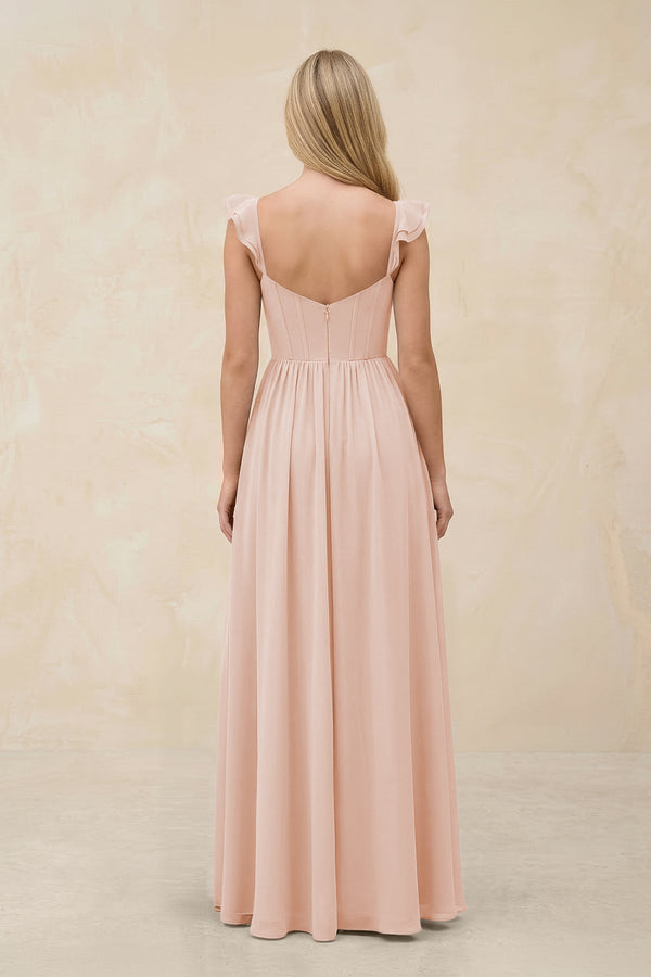 Ruffled Sleeve A - Line Corset Chiffon Bridesmaid Dress in Pale Blush - KissProm Bridesmaid Dresses