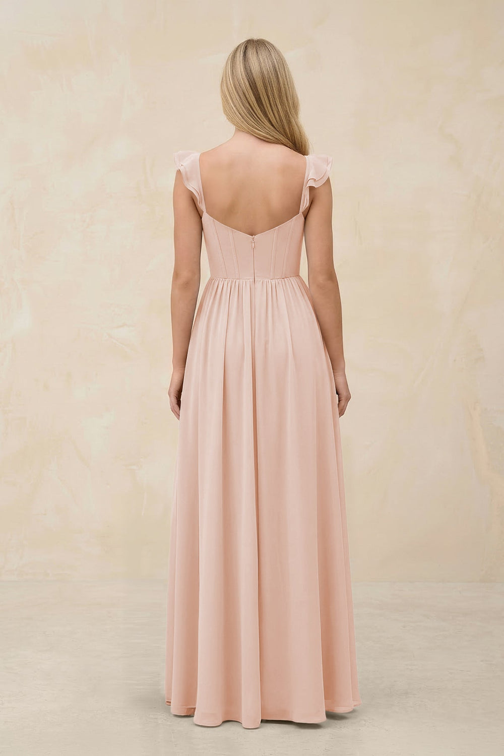 Ruffled Sleeve A - Line Corset Chiffon Bridesmaid Dress in Pale Blush - KissProm Bridesmaid Dresses