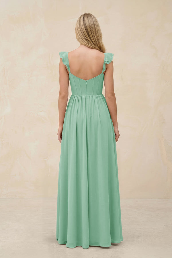 Ruffled Sleeve A - Line Corset Chiffon Bridesmaid Dress in Pale Pistachio - KissProm Bridesmaid Dresses