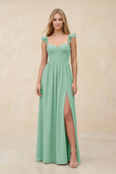 Ruffled Sleeve A - Line Corset Chiffon Bridesmaid Dress in Pale Pistachio - KissProm Bridesmaid Dresses