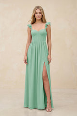 Ruffled Sleeve A - Line Corset Chiffon Bridesmaid Dress in Pale Pistachio - KissProm Bridesmaid Dresses
