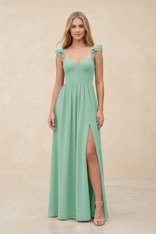 Ruffled Sleeve A - Line Corset Chiffon Bridesmaid Dress in Pale Pistachio - KissProm Bridesmaid Dresses